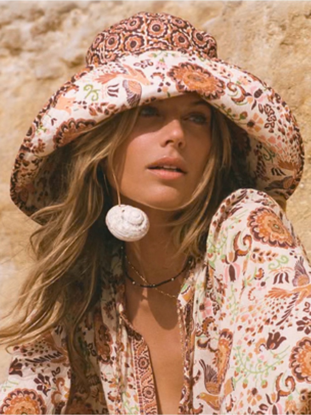 Spell Paisley Wide-Brim Bucket Hat in Cream, Brown & Orange